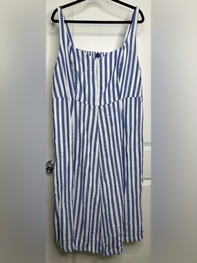 Old Navy Blue and White Striped Linen Blend Midi Dress with Smocked Back Size 3X